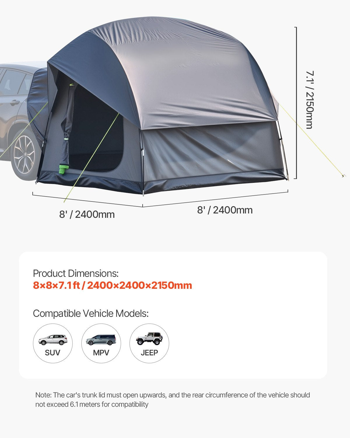 SUV-tält för camping, 2,4 m L x 2,4 m B, vattentät PU, 2000 mm rymlig dubbelskiktsdesign för 5-8 personer, SUV-campingtält med nätfönster, inkluderar regnbåge och förvaringsväska, för utomhusaktiviteter