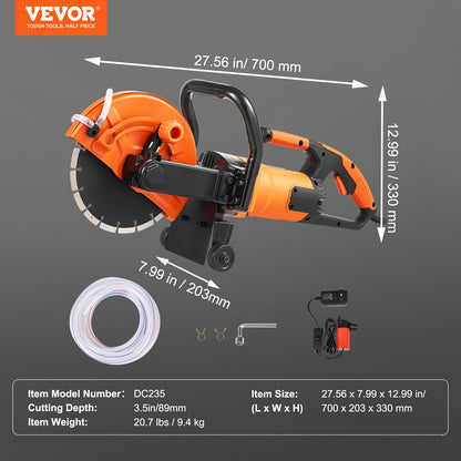 9"/22,9 cm elektrisk betongsåg våt-/torrsåg med vattenpump och blad