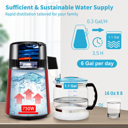 4 L Water Distiller, 1 L/H, 750W Distilled Water Maker Machine with 0-99 H Timing Setting Temp Display, 304 Stainless Steel Countertop Distiller Glass Carafe Cleaning Powder 3 Carbon Packs, Red
