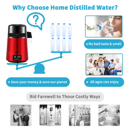 4 L Water Distiller, 1 L/H, 750W Distilled Water Maker Machine with 0-99 H Timing Setting Temp Display, 304 Stainless Steel Countertop Distiller Glass Carafe Cleaning Powder 3 Carbon Packs, Red