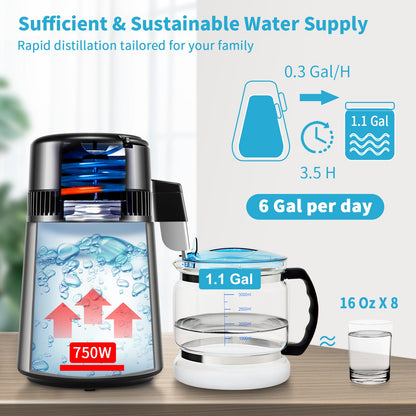 4L Water Distiller 1L/H Distilled Water Maker Timing & Temp Display Silver