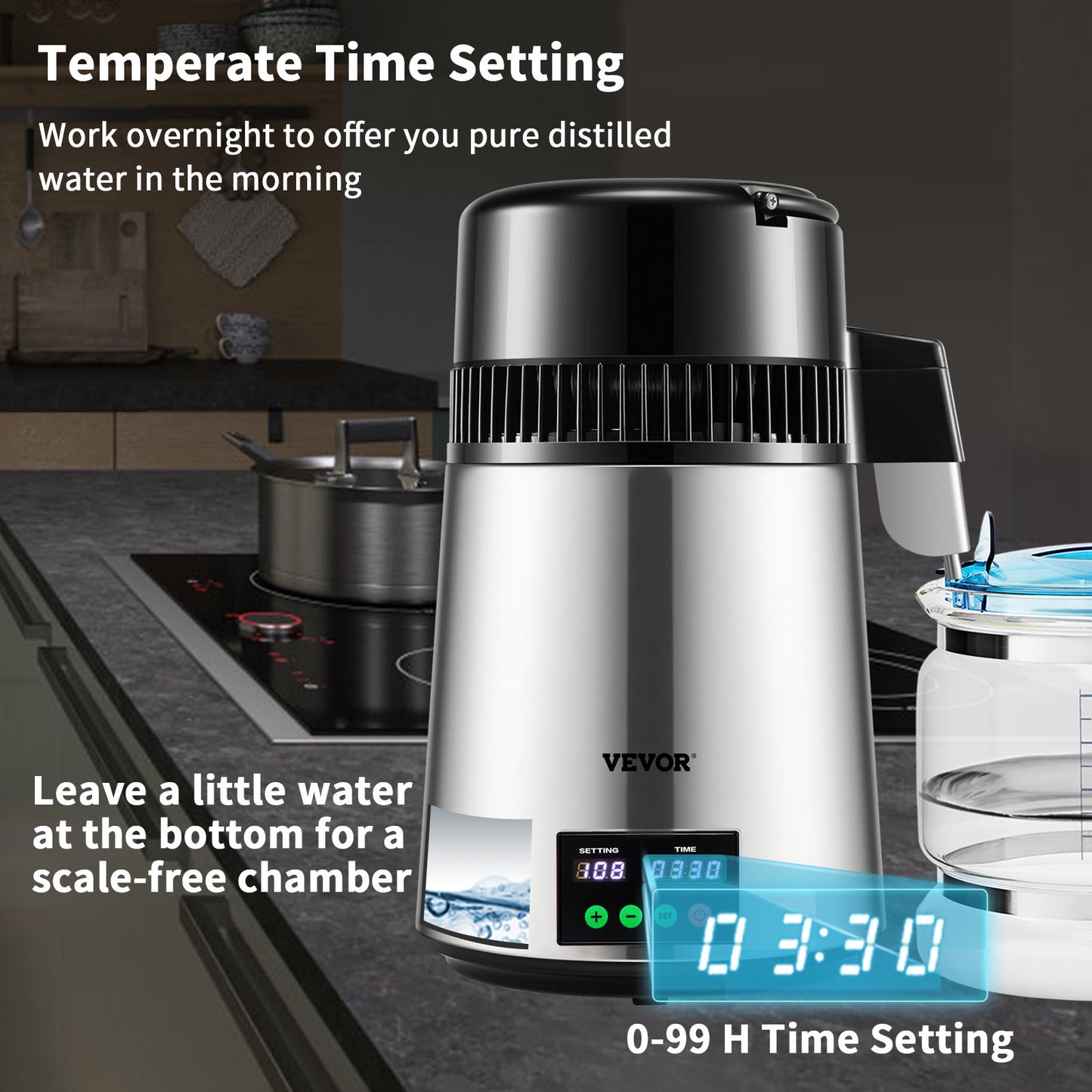 4L Water Distiller 1L/H Distilled Water Maker Timing & Temp Display Silver