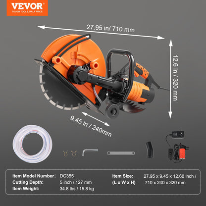14"/35,6 cm elektrisk betongsåg våt-/torrsåg med vattenpump och blad