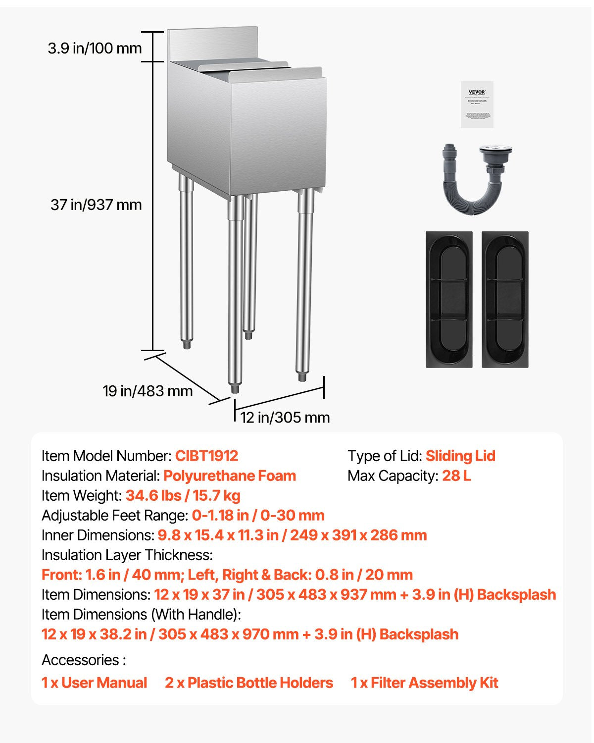 Kommersiell islåda, 28 l islåda under bardisken, 30 x 43 x 93 cm kylbox i rostfritt stål med skjutbart lock, flaskhållare, justerbara kulfötter, kylvagn för cocktails för bar, restaurang, pub