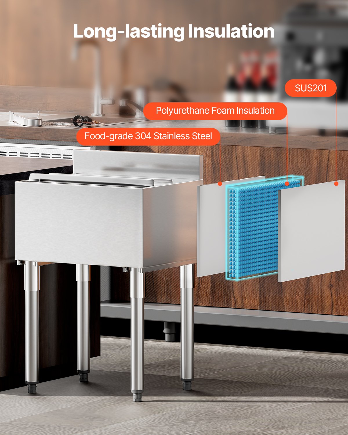 Kommersiell islåda, 61 l islåda under bardisken, 24 x 19 x 37 tum kylbox i rostfritt stål med skjutbart lock, flaskhållare, justerbara kulfötter, kylvagn för cocktails för bar, restaurang, pub