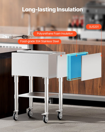 Kommersiell islåda, 61,6 l rullande islåda på hjul, 24 x 19,1 x 36,8 tum kylvagn i rostfritt stål med skjutbart lock, förvaringsbricka i botten, justerbara kulfötter, för bar, restaurang, pub