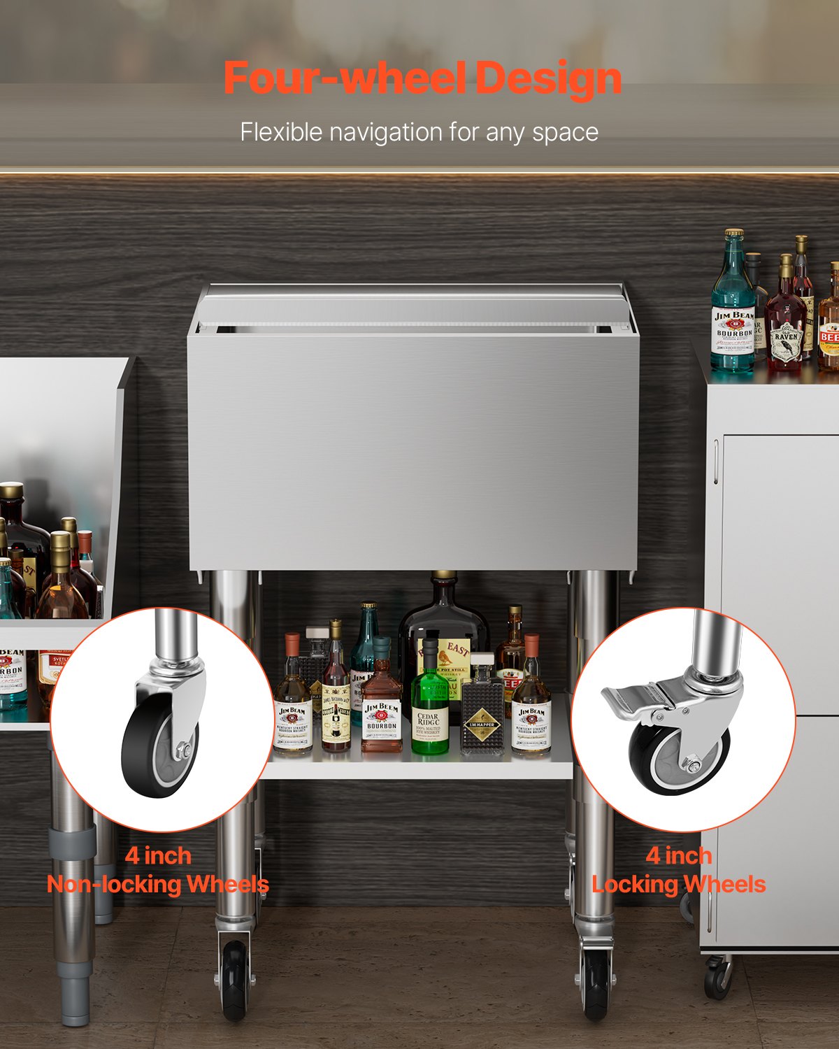 Kommersiell islåda, 61,6 l rullande islåda på hjul, 24 x 19,1 x 36,8 tum kylvagn i rostfritt stål med skjutbart lock, förvaringsbricka i botten, justerbara kulfötter, för bar, restaurang, pub