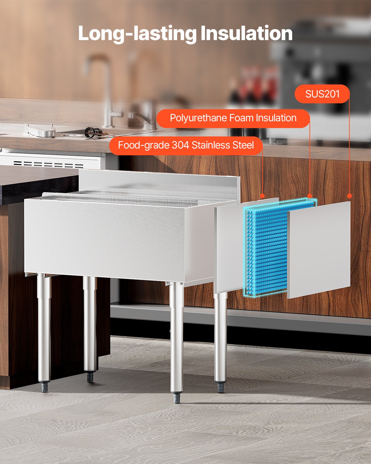 Kommersiell islåda, 78,4 l islåda under bardisken, 30 x 19 x 37 tum kylbox i rostfritt stål med skjutbart lock, flaskhållare, justerbara kulfötter, kylvagn för cocktails för bar, restaurang, pub