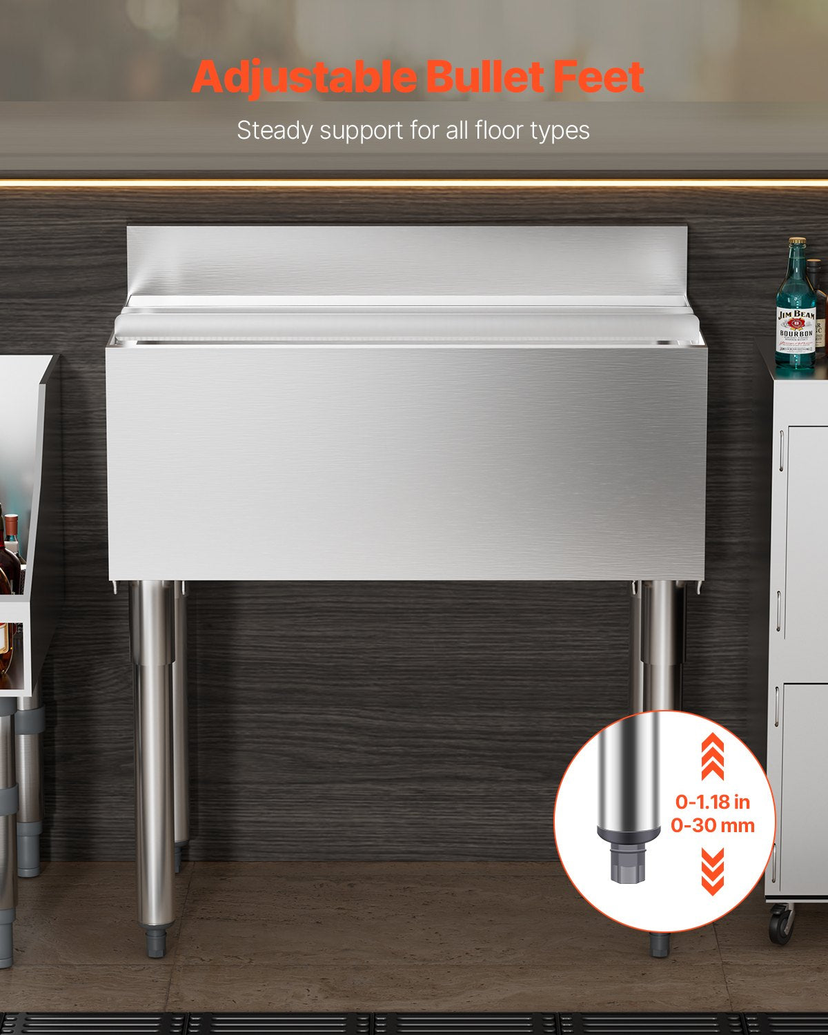 Kommersiell islåda, 78,4 l islåda under bardisken, 30 x 19 x 37 tum kylbox i rostfritt stål med skjutbart lock, flaskhållare, justerbara kulfötter, kylvagn för cocktails för bar, restaurang, pub