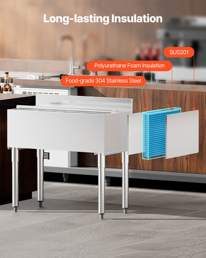 Kommersiell islåda, 95,3 l islåda under bardisken, 35,9 x 19 x 37 tum kylbox i rostfritt stål med skjutbart lock, flaskhållare och justerbara kulfötter, cocktailenhet för barer, restauranger, pubar