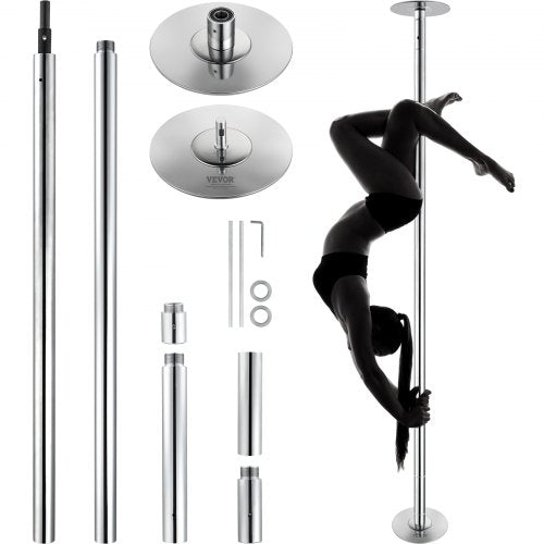 Professionell dansstång, snurrande statisk dansstångskit, bärbar avtagbar stång, 45 mm kraftig stång i rostfritt stål, höjdjusterbar fitnessstång, för träning hemma, klubbgym, silver