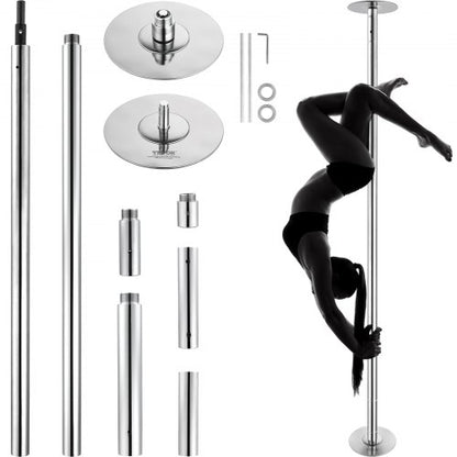 Professionell dansstång, snurrande statisk dansstångskit, bärbar avtagbar stång, 45 mm kraftig stång i rostfritt stål, höjdjusterbar fitnessstång, för träning hemma, klubbgym, silver