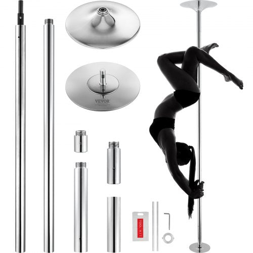 Professionell dansstång, snurrande statisk dansstångskit, bärbar avtagbar stång, 45 mm kraftig stång i rostfritt stål, höjdjusterbar fitnessstång, för träning hemma, klubbgym, silver