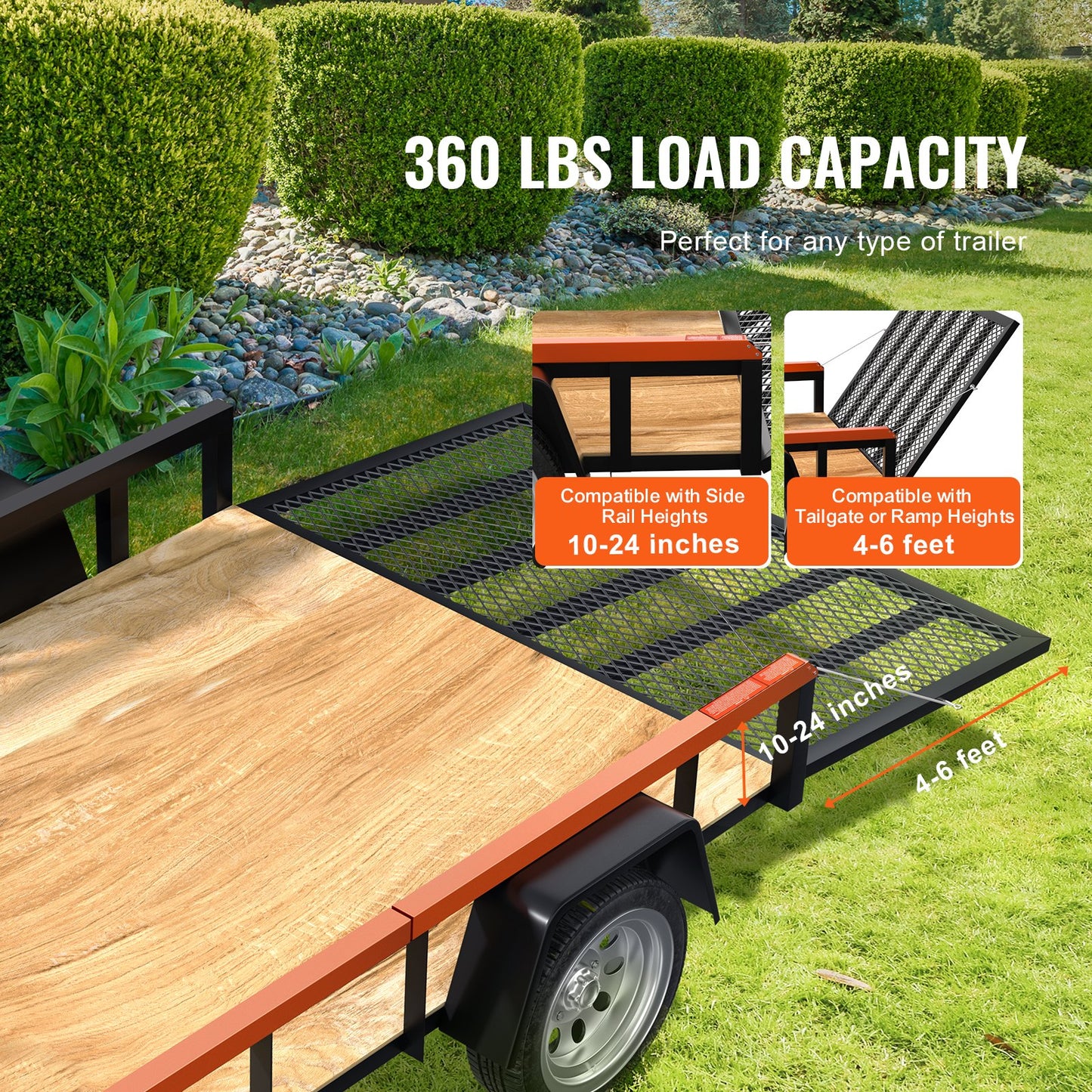 TrailTailgate eller lyfthjälp, max 80 kg lastkapacitet, kompatibel med öppen släpvagns baklucka och ramp, med sidoräcke på 25 till 60 cm höjd och baklucka eller ramp på 1,2 till 1,8 meter höjd