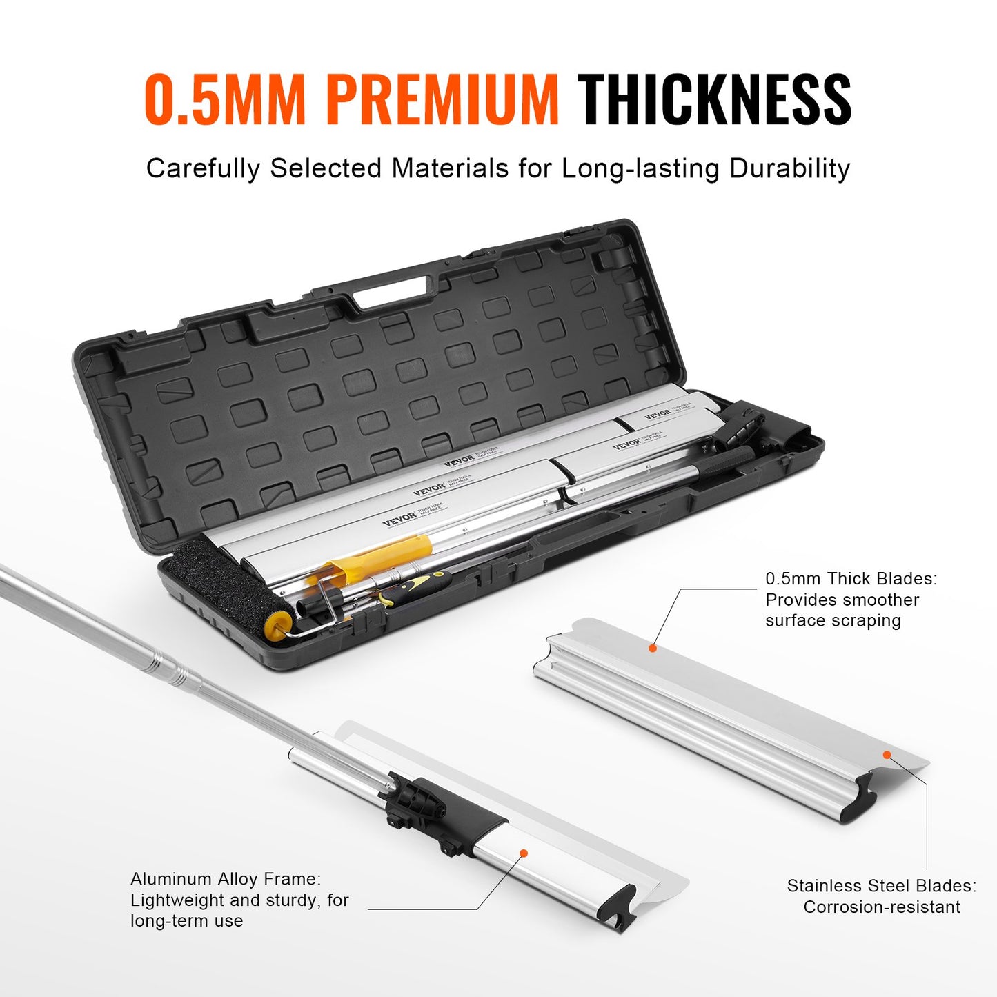 Sats med avskumningsblad för gipsskivor, 10/16/24/32/40 tum (25,4/40,6/61/81,3/101,6 cm) avskumningsblad + 34-81,6 tum/86,4-207 cm förlängningshandtag, kniv i rostfritt stål, professionella verktyg för avskumning, för gyps/väggskivor/gipsskivor