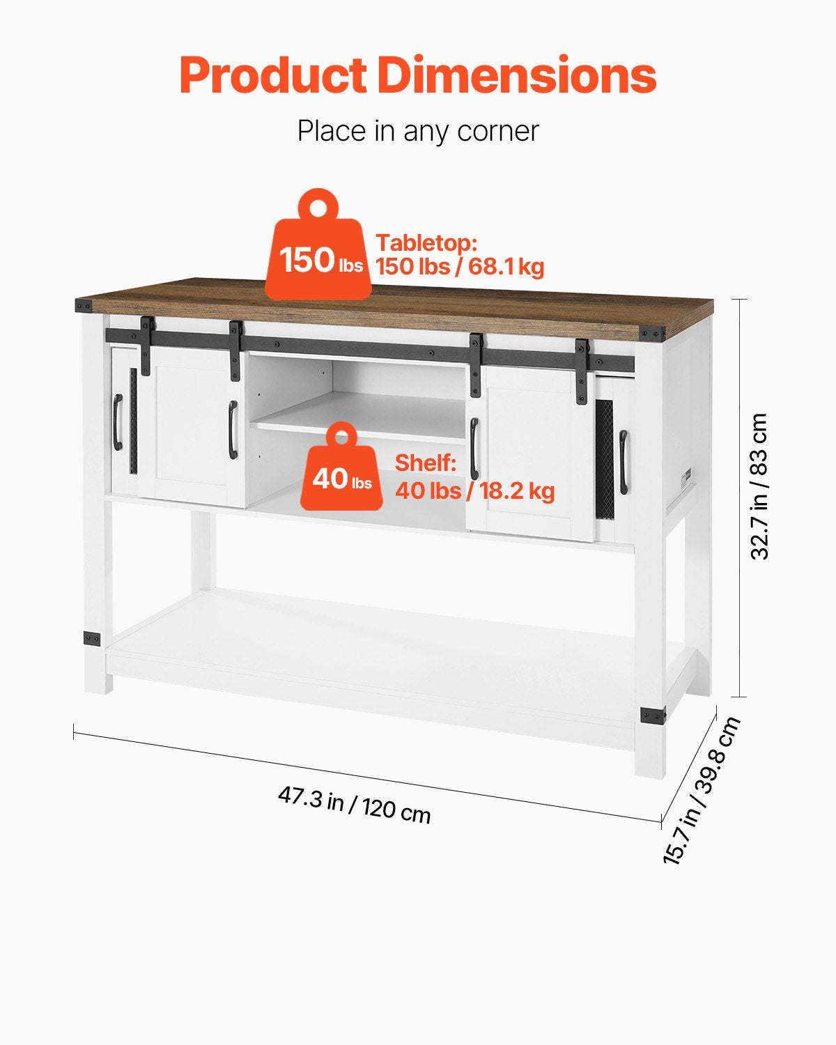 Kaffebarskåp, 122 x 38 x 89 cm lantligt kaffebarskåp med förvaring i 4 nivåer, kaffebarbord med ladugårdsdörrar, lantligt skänk, bufféskåp för vardagsrum, entré