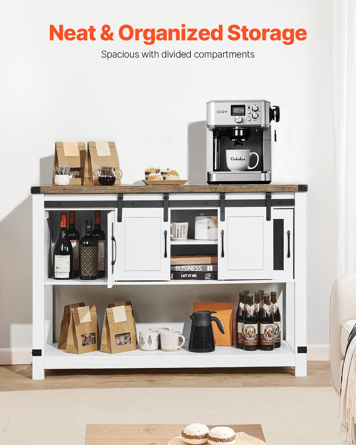 Kaffebarskåp, 122 x 38 x 89 cm lantligt kaffebarskåp med förvaring i 4 nivåer, kaffebarbord med ladugårdsdörrar, lantligt skänk, bufféskåp för vardagsrum, entré