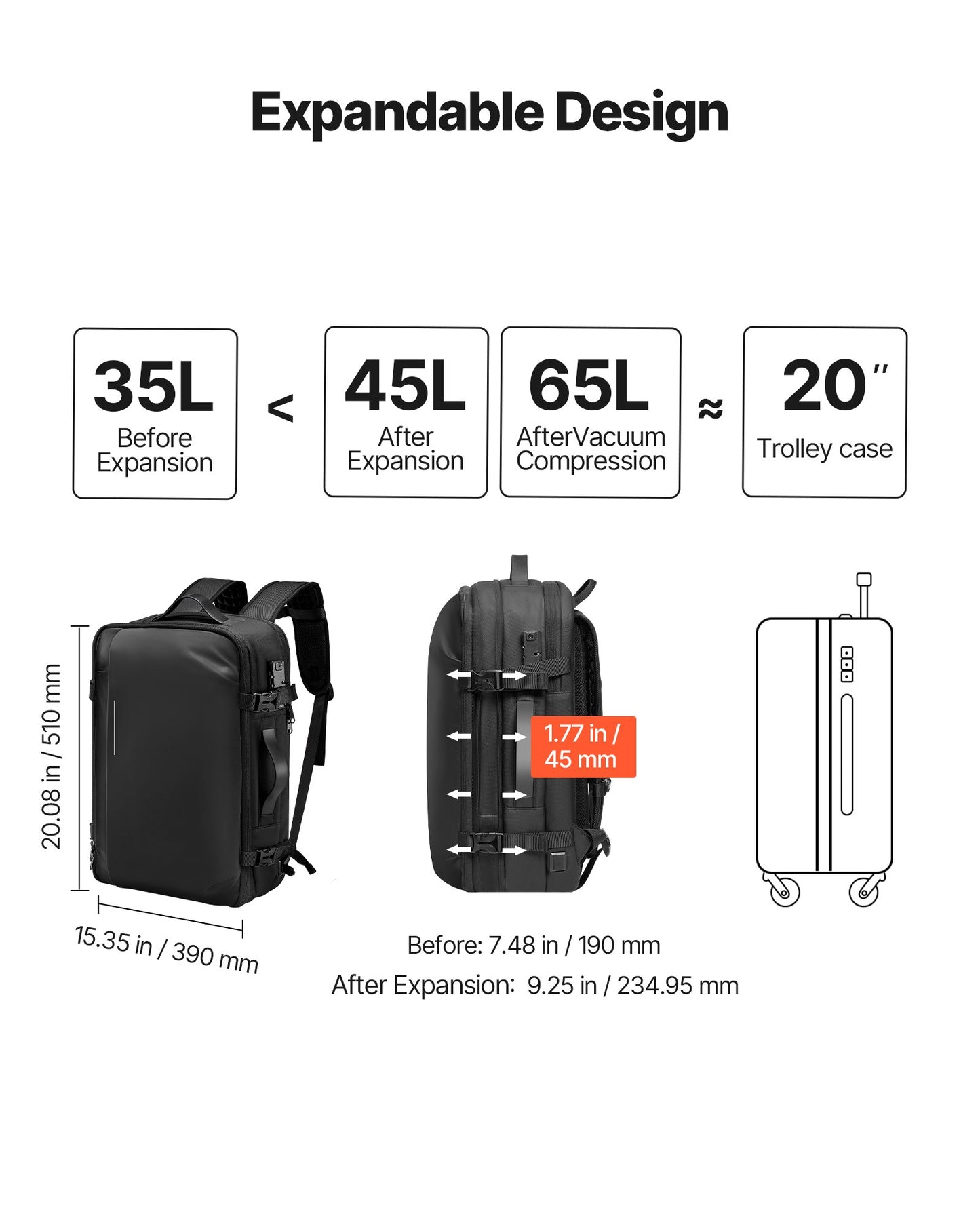 Vakuumreseryggsäck, 65L, Expanderbar vakuumtätad kompressionsreseryggsäck med pump, med TSA-godkänt lås, Airback Vacpack, Vattentålig handbagageväska, för affärsresenärer, svart