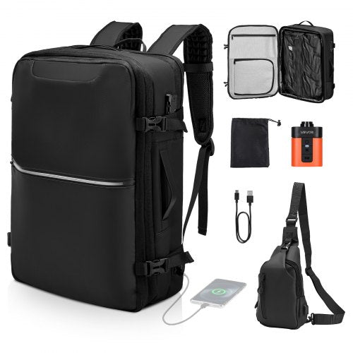 Vacuum Travel Backpack, 80L, Expandable Vacuum Seal Compression Travel Backpack with Pump, with TSA-Approved Lock, Airback Vacpack, Water-Resistant Carry-On Suitcase Luggage, for Business, Black
