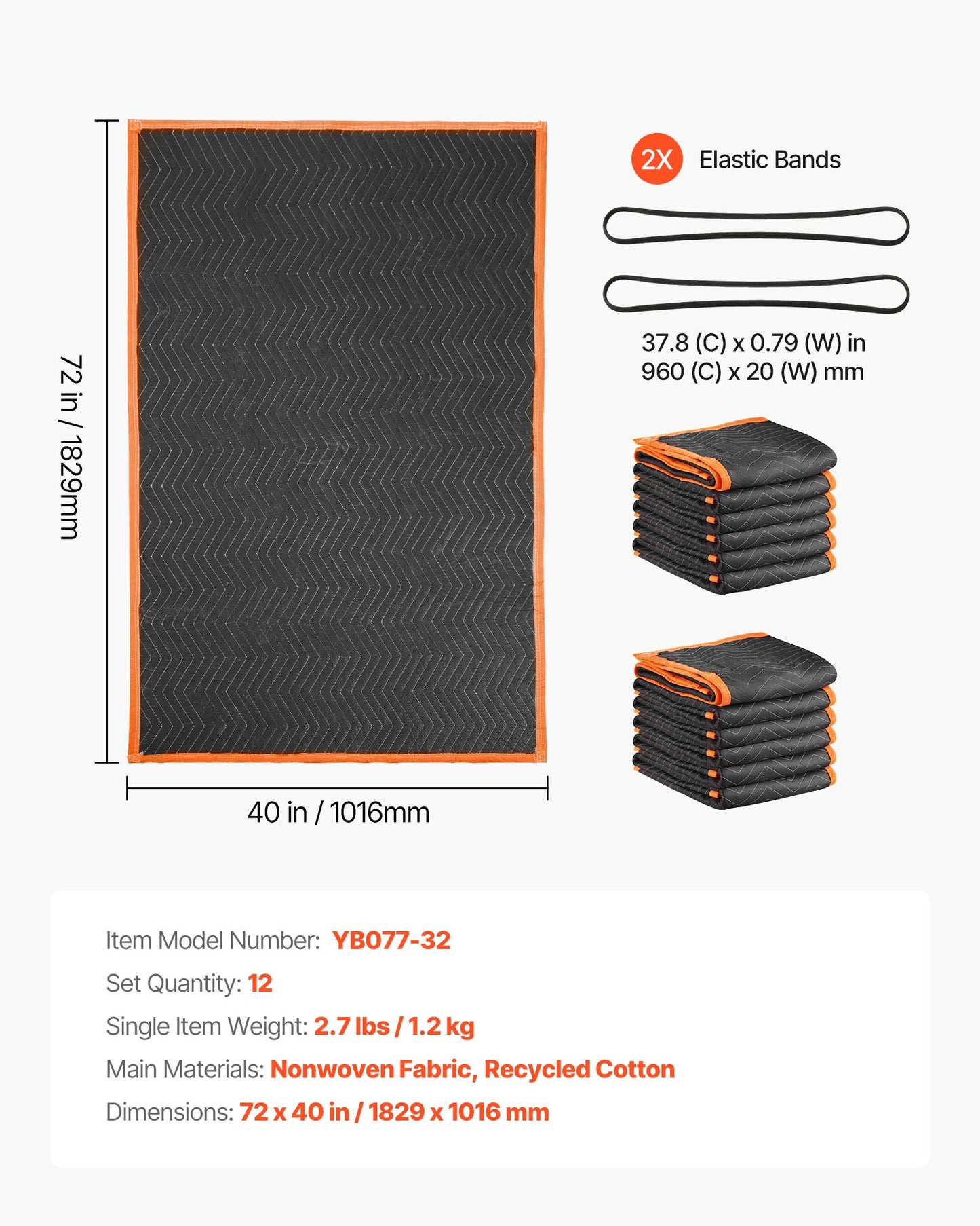 Flyttfiltar 12 st, 1829 x 1016 mm (14,5 kg/dz) Stora packfiltar med bomullsfyllning, kraftig non-woven vadderad flyttfilt för frakt, inslagning, skydd av möbler