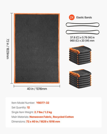 Flyttfiltar 12 st, 1829 x 1016 mm (14,5 kg/dz) Stora packfiltar med bomullsfyllning, kraftig non-woven vadderad flyttfilt för frakt, inslagning, skydd av möbler