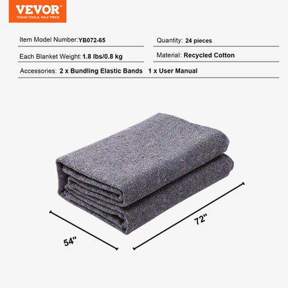 Flyttfiltar, 182,9 x 137,2 cm, 9,5 kg/dz vikt, 24 förpackningar, professionell packfilt i återvunnen bomull, stora kraftiga flyttmattor perfekta för att skydda möbler, golv, vitvaror