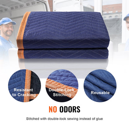 Moving Blankets, 80" x 72", 65 lbs/dz Weight, 12 Packs, Professional Non-Woven & Recycled Cotton Packing Blanket, Heavy Duty Mover Pads for Protecting Furniture, Floors, Appliances, Blue/Orange