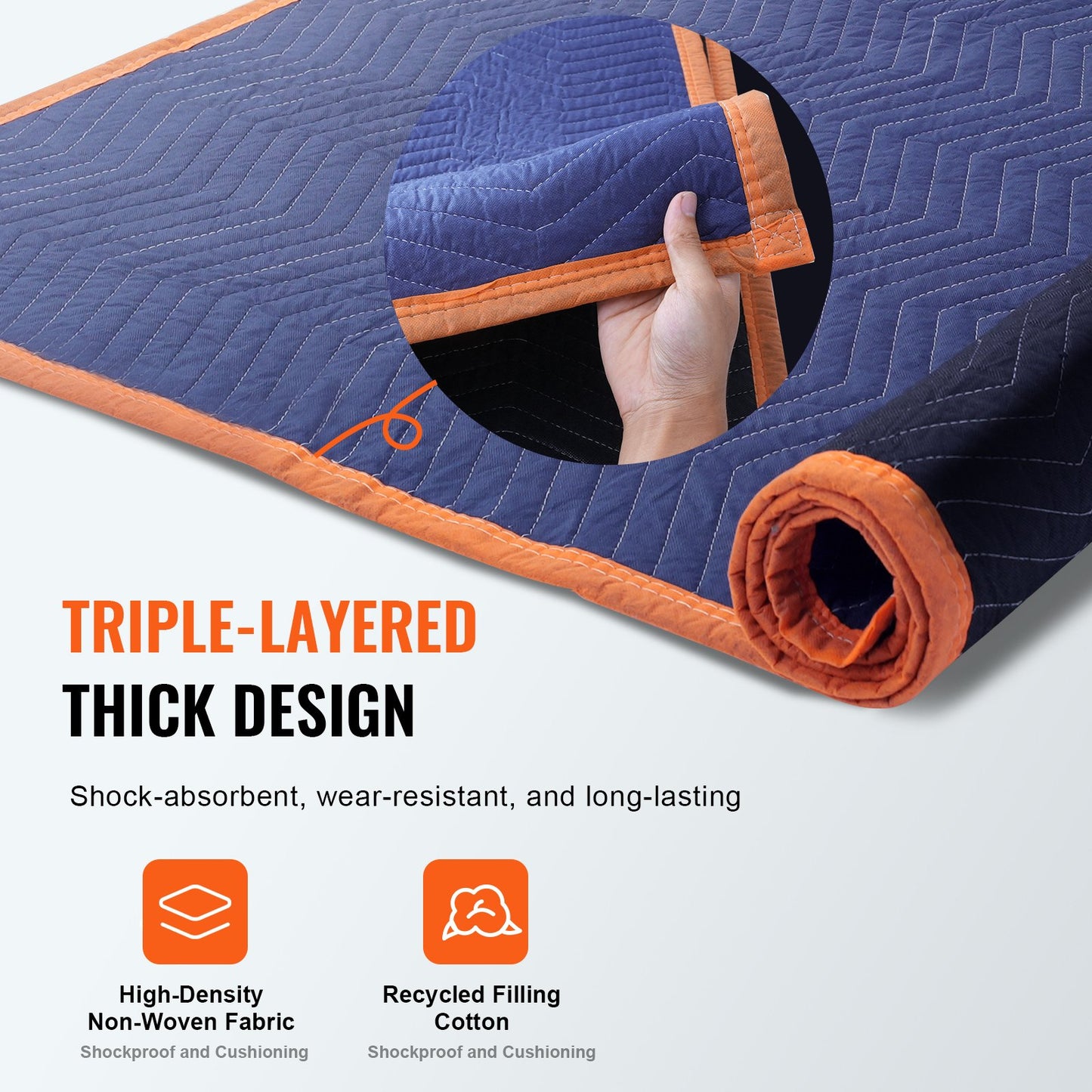 Flyttfiltar, 203,2 x 182,9 cm, 15,9 kg/dz vikt, 12-pack, professionell packfilt av non-woven och återvunnen bomull, kraftiga flyttkuddar för att skydda möbler, golv, vitvaror, blå/orange