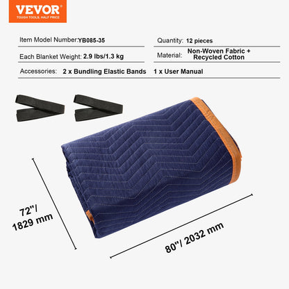 Flyttfiltar, 203,2 x 182,9 cm, 15,9 kg/dz vikt, 12-pack, professionell packfilt av non-woven och återvunnen bomull, kraftiga flyttkuddar för att skydda möbler, golv, vitvaror, blå/orange