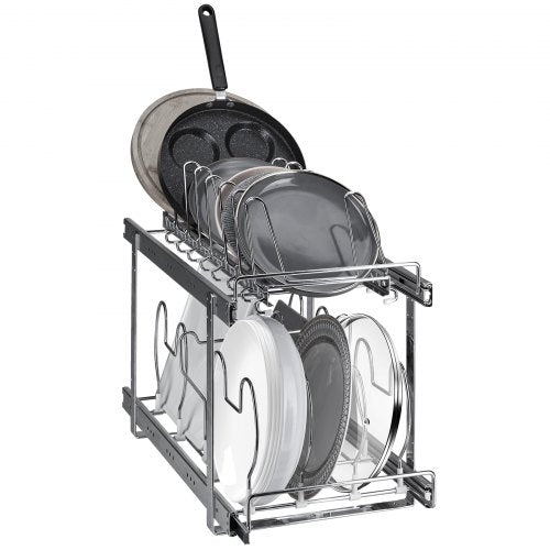 Stek- och kastrullställ, 2-våningars utdragbar organisatör under skåp, bakplåtsställ för bakformar, justerbara trådavdelare, hållare i stållock för köksskåp och skafferiförvaring, 12"B