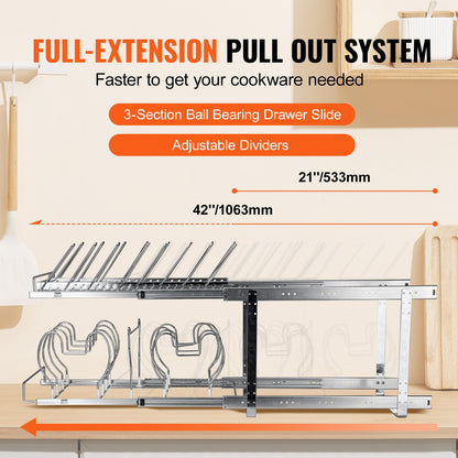 Stek- och kastrullställ, 2-våningars utdragbar organisatör under skåp, bakplåtsställ för bakformar, justerbara trådavdelare, hållare i stållock för köksskåp och skafferiförvaring, 12"B