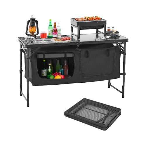 Campingköksbord, hopfällbart utomhusköksbord, 3 justerbara höjder, lätt och bärbar kokstation i aluminium med förvaringsorganisatör, bärhandtag, för grillfest, picknick, husbilsresa, svart