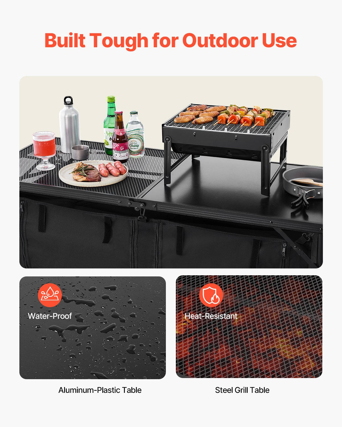 Campingköksbord, hopfällbart utomhusköksbord, 3 justerbara höjder, lätt och bärbar kokstation i aluminium med förvaringsorganisatör, bärhandtag, för grillfest, picknick, husbilsresa, svart