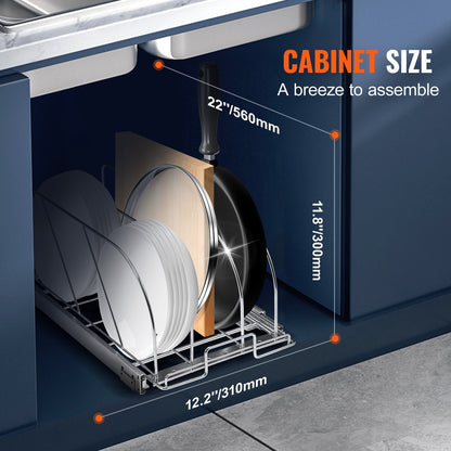Stek- och kastrullställ, utdragbar organisatör under skåpet, organisering av bakplåtar, justerbara trådavdelare, hållare för stållock för köksskåp och skafferi, 11,7"B