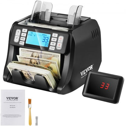 Penningräknare, sedelräknare med UV-, MG-, IR- och DD-förfalskningsdetektering, USD- och EUR-kontanträknare med summerings- och batchlägen, stor LCD-skärm och extern display