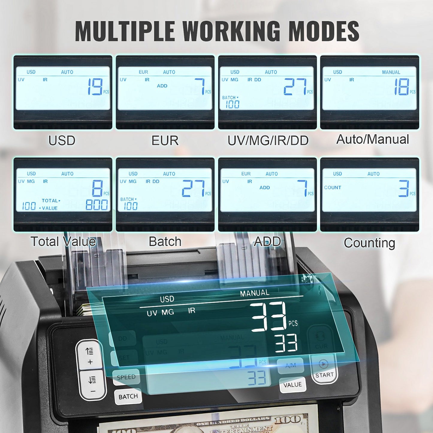 Penningräknare, sedelräknare med UV-, MG-, IR- och DD-förfalskningsdetektering, USD- och EUR-kontanträknare med summerings- och batchlägen, stor LCD-skärm och extern display
