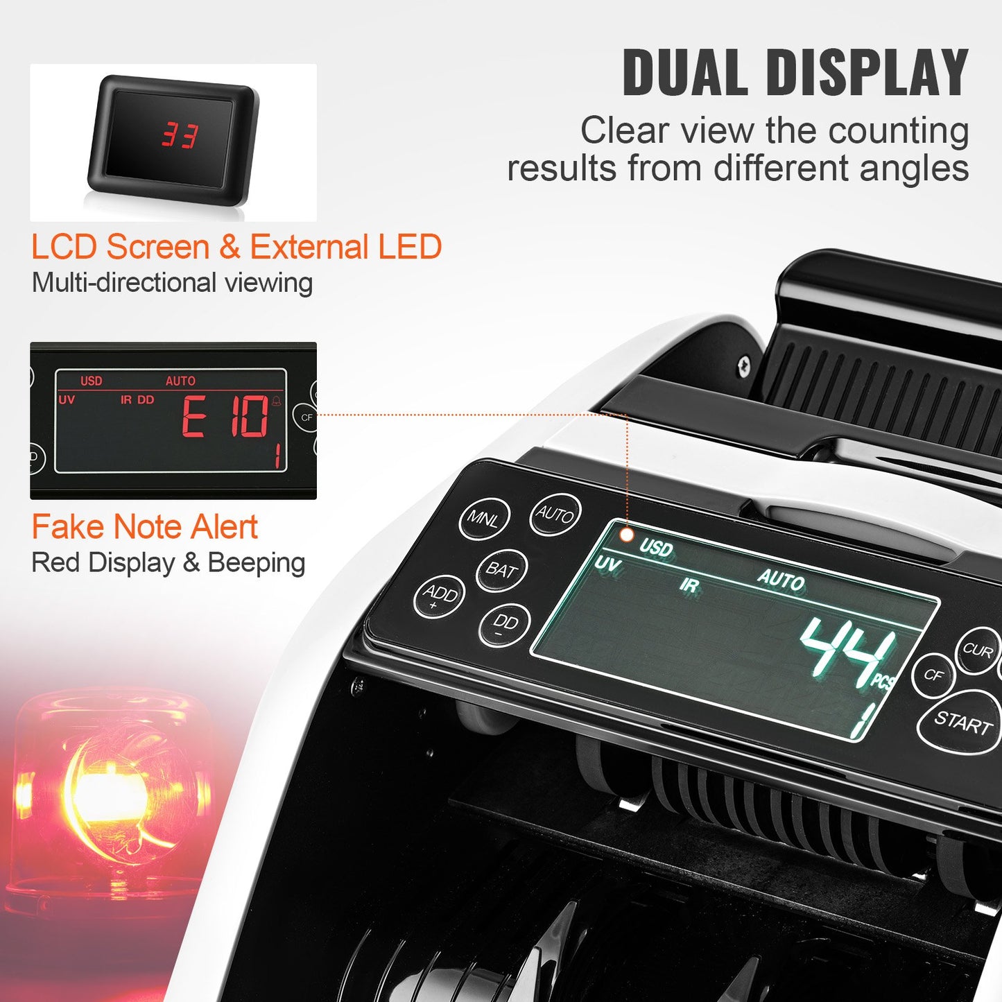 Penningräknare, sedelräknare med UV-, MG-, IR- och DD-förfalskningsdetektering, USD- och EUR-kassaräknare med stor LCD-skärm och extern display för småföretag
