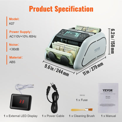 Penningräknare, sedelräknare med UV-, MG-, IR- och DD-förfalskningsdetektering, USD- och EUR-kassaräknare med stor LCD-skärm och extern display för småföretag
