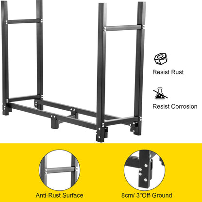 Vedställ, 2,44 m vedställ för utomhusbruk, svart vedställ, vedställ i stål för utomhusbruk, vedhållare med lastkapacitet 590 kg, vedställ med lock och verktygssats för eldstaden