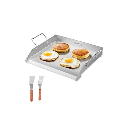 Stekplåt i rostfritt stål, 18x16 tum universal platt rektangulär platta, gasgrillstekplåt för BBQ-grill, teppanyaki, bärbart familjeköksredskap med handtag, för camping, tailgating-fest