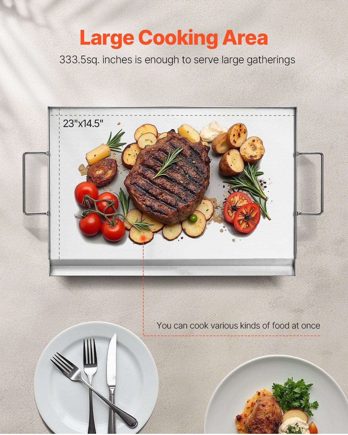 Stekplåt i rostfritt stål, 23x16 tum universal platt rektangulär platta, gasgrillstekplåt för BBQ-grill, teppanyaki, bärbart familjeköksredskap med handtag, för camping, tailgating-fest