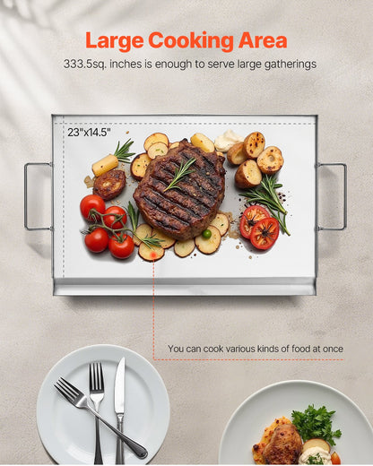 Stekplåt i rostfritt stål, 23x16 tum universal platt rektangulär platta, gasgrillstekplåt för BBQ-grill, teppanyaki, bärbart familjeköksredskap med handtag, för camping, tailgating-fest