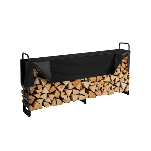 2,4 m vedställ för utomhusbruk med lock, 244 cm x 36 cm x 117 cm, kraftig vedhållare och vattentätt 600D Oxford-lock för öppen spis, uteplats, vedställ för inomhus-/utomhusbruk för 1/2 vedsträng