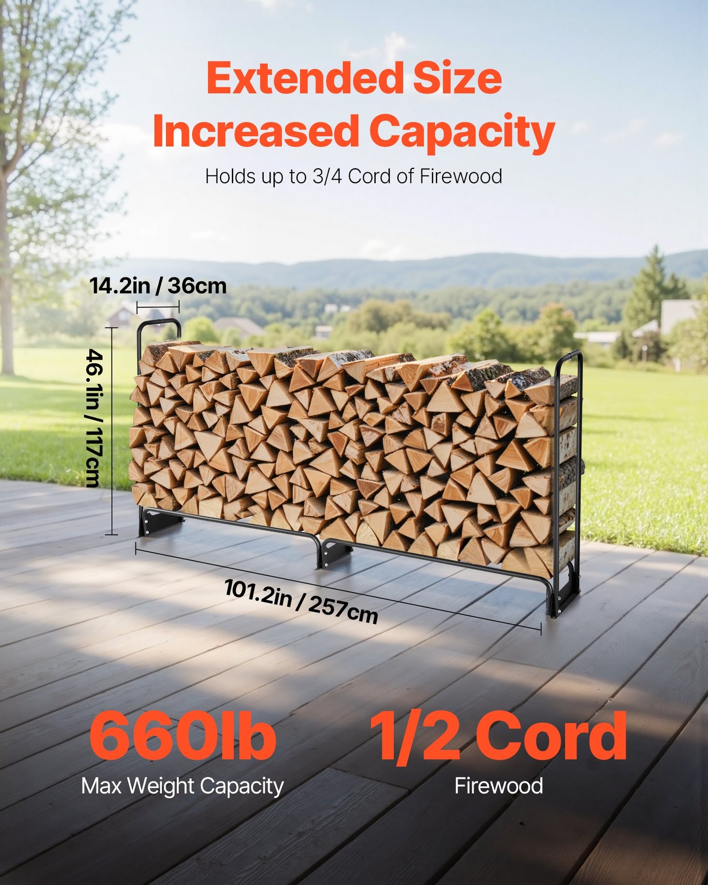 2,4 m vedställ för utomhusbruk med lock, 244 cm x 36 cm x 117 cm, kraftig vedhållare och vattentätt 600D Oxford-lock för öppen spis, uteplats, vedställ för inomhus-/utomhusbruk för 1/2 vedsträng