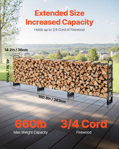 3,9 m vedställ för utomhusbruk med lock, 386 cm x 36 cm x 117 cm, kraftig vedhållare och vattentätt 600D Oxford-lock för öppen spis, uteplats, vedställ för inomhus-/utomhusbruk för 3/4-sträng ved
