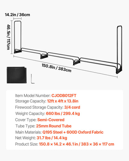 3,9 m vedställ för utomhusbruk med lock, 386 cm x 36 cm x 117 cm, kraftig vedhållare och vattentätt 600D Oxford-lock för öppen spis, uteplats, vedställ för inomhus-/utomhusbruk för 3/4-sträng ved
