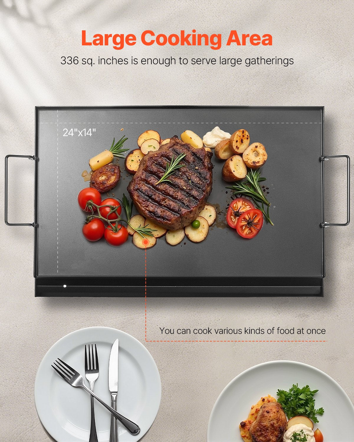 Stekplåt i kolstål, 24x16 tum universal platt rektangulär platta, gasgrillstekplåt för BBQ-grill, Teppanyaki, bärbart familjeköksredskap med handtag, för camping, tailgating-fest