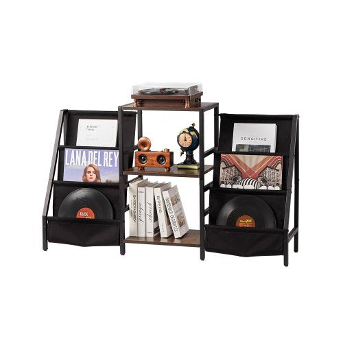 Skivspelareställ, 3 nivåer metall vinylskivställ, skivspelareställ med skivhållare vinyldisplayhylla, skivspelare i trä perfekt för sovrum, vardagsrum, svart