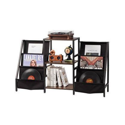 Skivspelareställ, 3 nivåer metall vinylskivställ, skivspelareställ med skivhållare vinyldisplayhylla, skivspelare i trä perfekt för sovrum, vardagsrum, svart