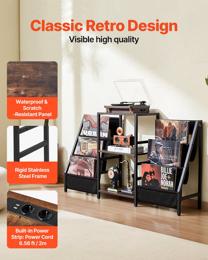 Skivspelareställ, 3 nivåer metall vinylskivställ, skivspelareställ med skivhållare vinyldisplayhylla, skivspelare i trä perfekt för sovrum, vardagsrum, svart
